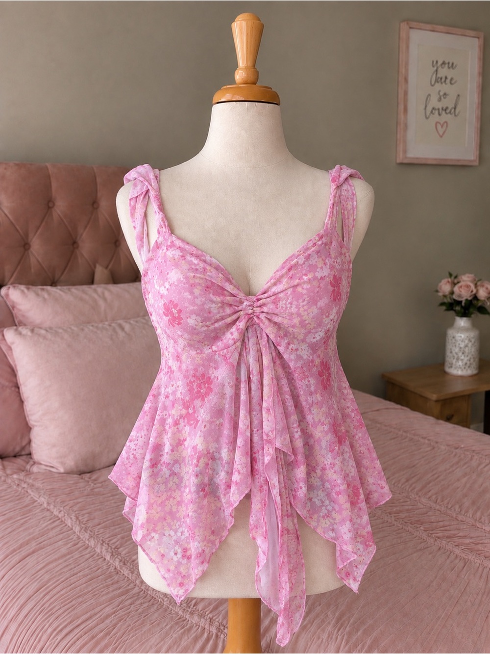 SHEIN Pink Floral Tie-Front Handkerchief Hem Tank Top